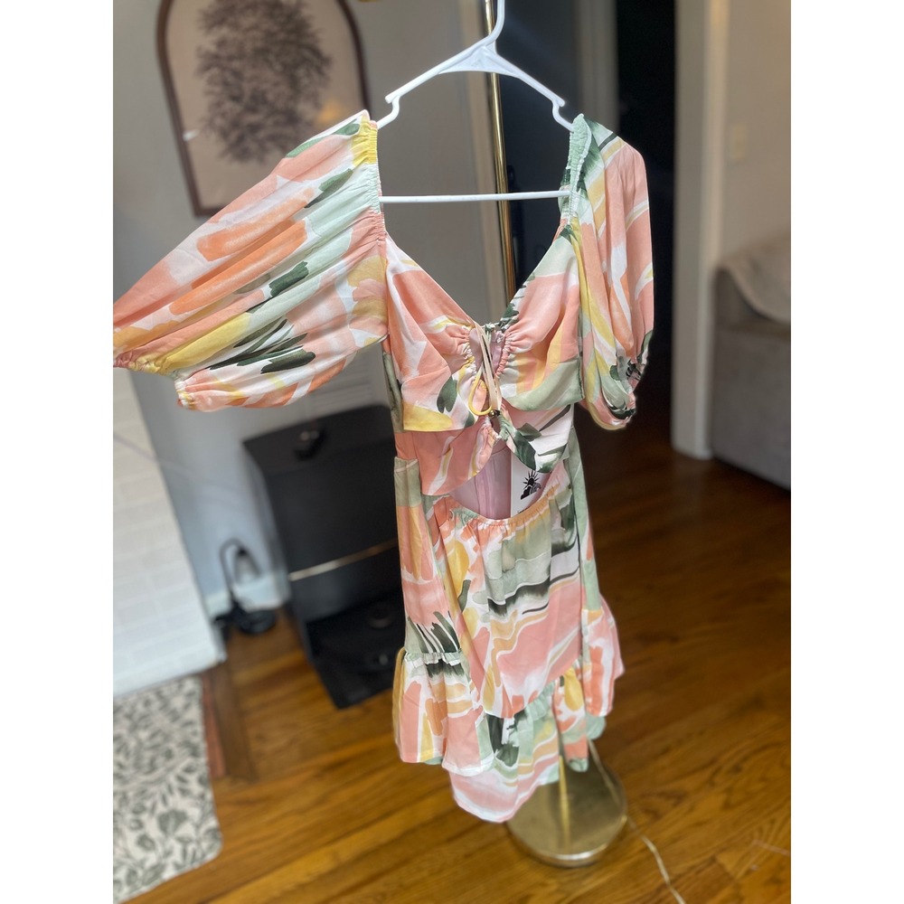 NWT Here Comes The Sun Mini Dress Floral Cutout Puff Sleeve XS Hello Molly - Picture 2 of 14